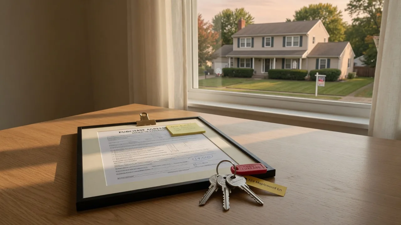 A purchase contract and house keys on a desk in soft late-afternoon light, with a suburban home visible through the window