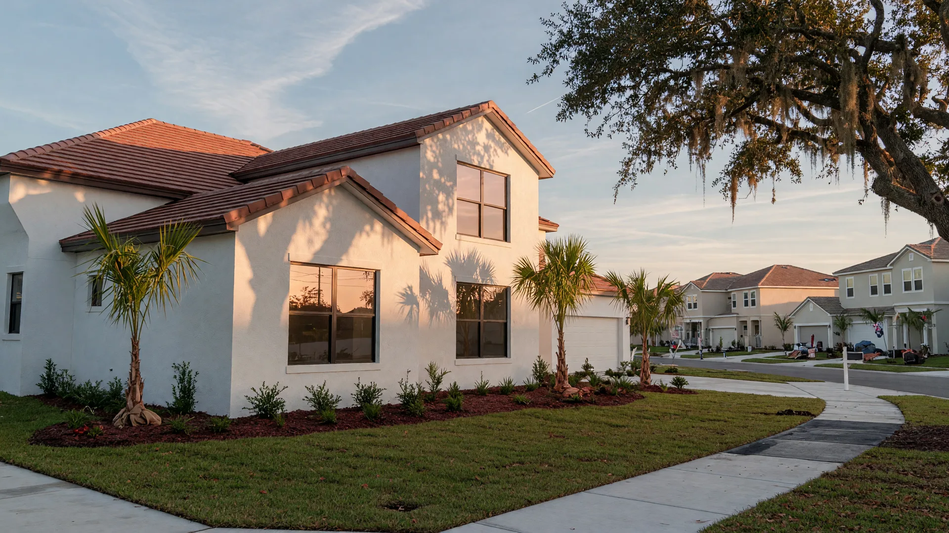 A newly built modern Florida home in a New Port Richey subdivision on a clear autumn afternoon, with fresh stucco, a composition tile roof, impact windows, and young palm trees