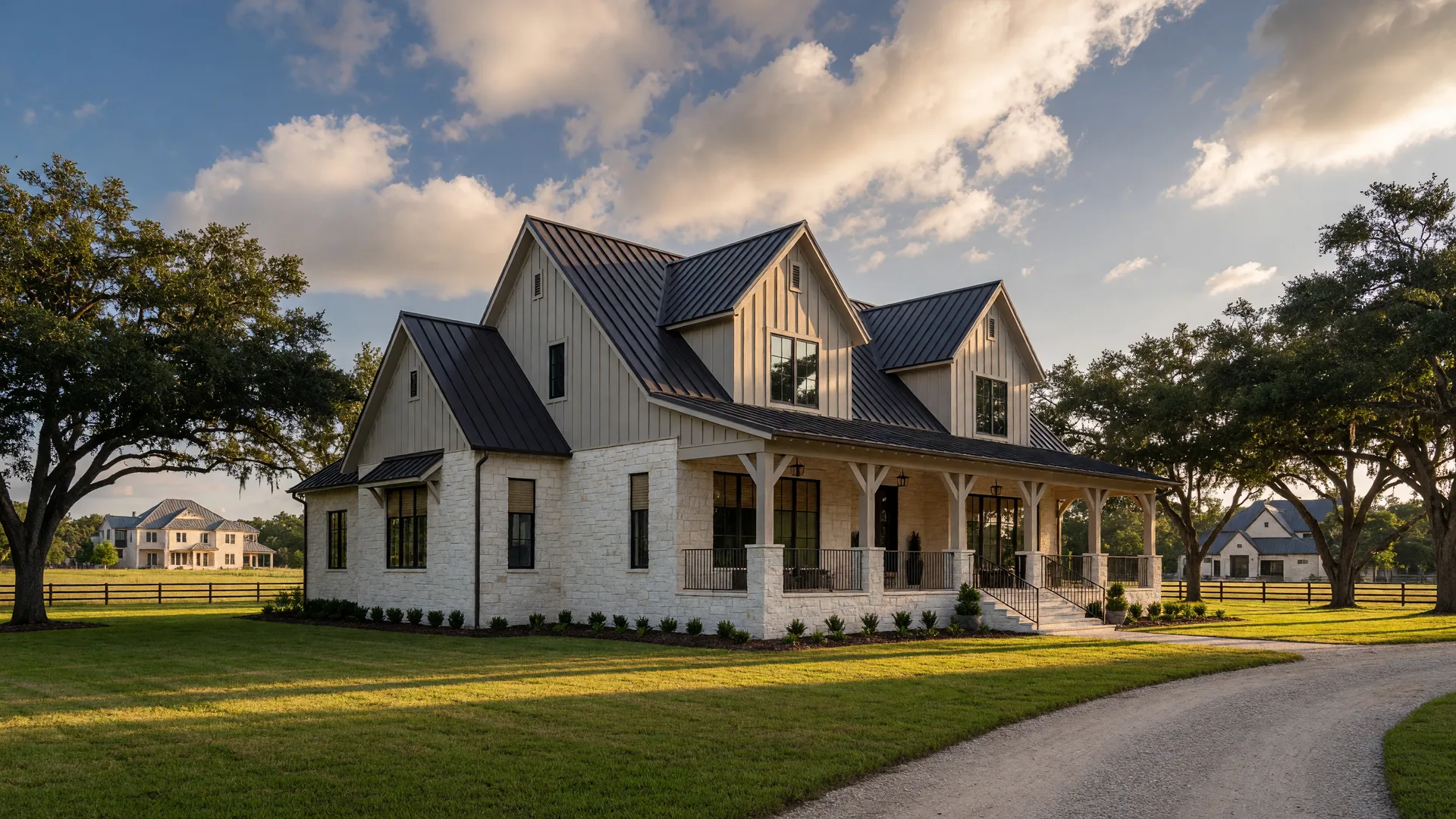 Representative image of a luxury North Texas estate home on a one-acre homesite in Texas Hill Country style at golden hour