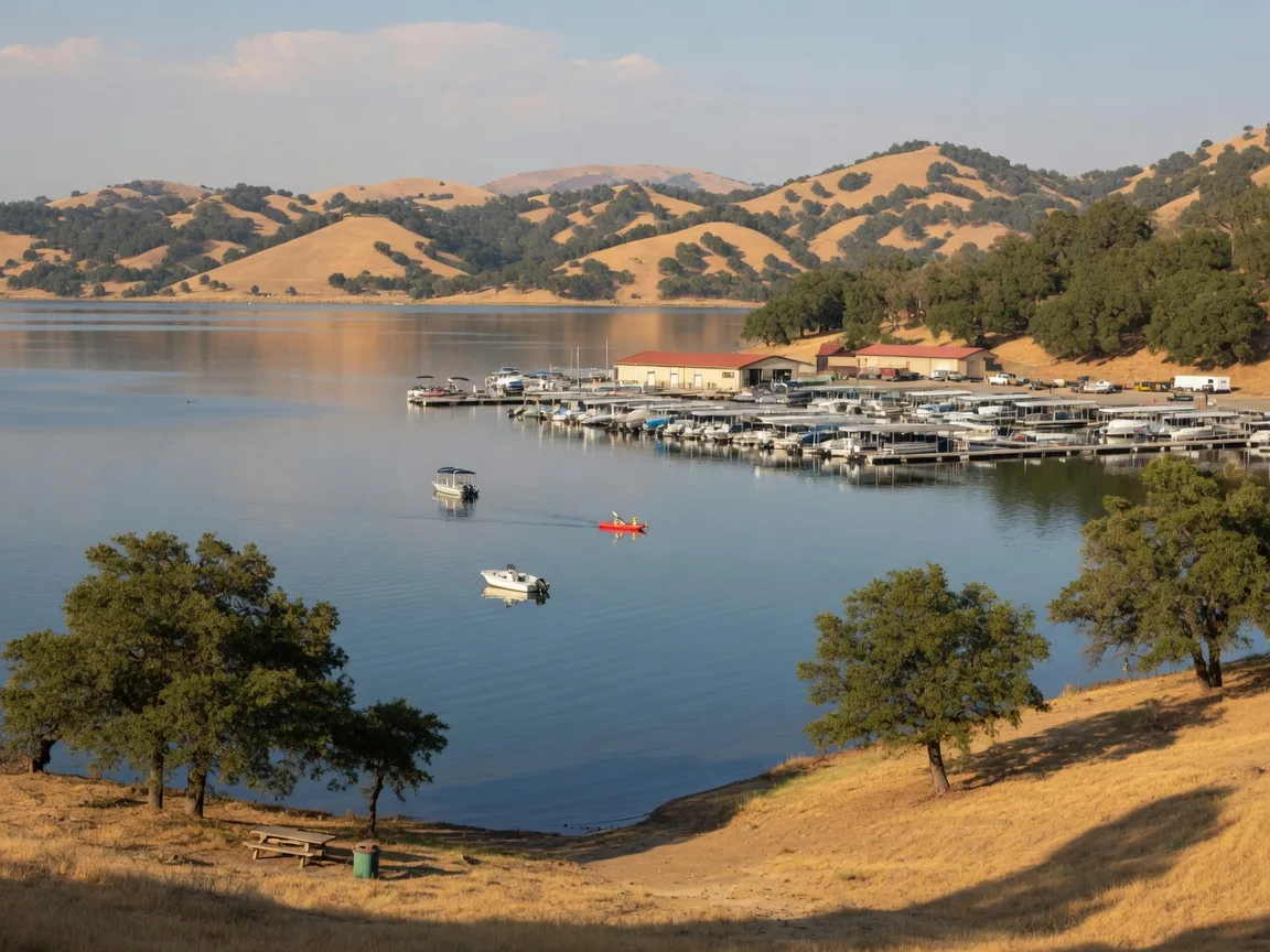 Lake McSwain in Merced County, California showing calm blue water, Barrett Cove Marina, grassy banks with oak trees, and rolling golden-brown hills in the distance
