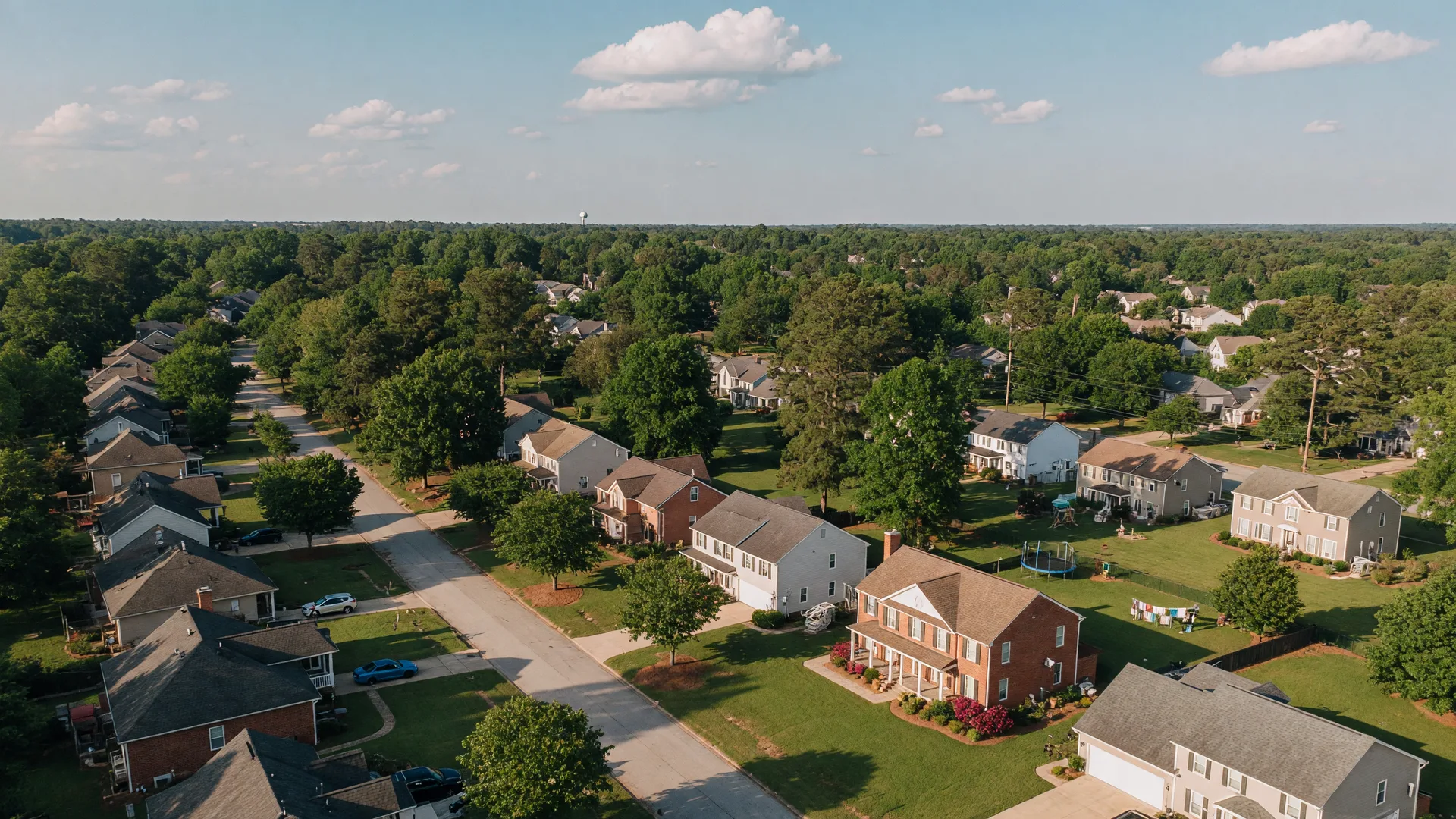 Aerial view of a suburban neighborhood in the Columbia SC Midlands on a bright early summer day