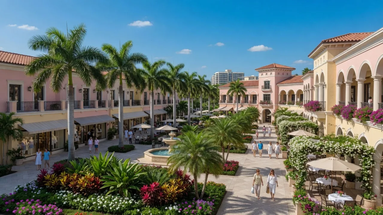 Mizner Park in Boca Raton with upscale shops, restaurants, and palm-lined streets on a sunny day