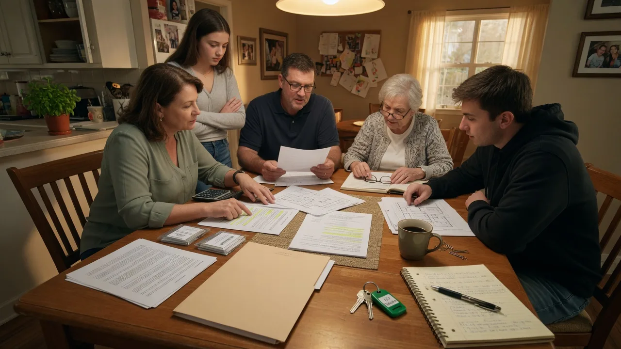 Family meeting around kitchen table discussing inherited property documents
