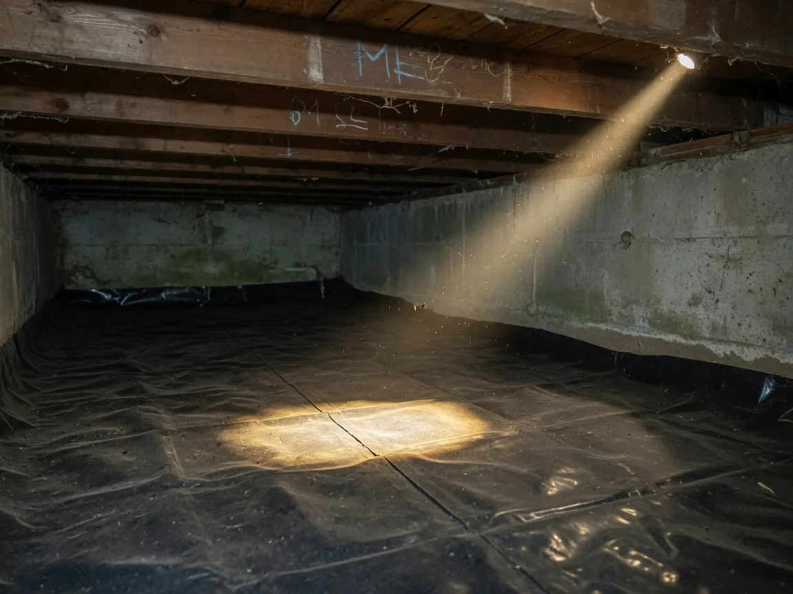 An inspector's flashlight beam raking across the crawl space of an older Victoria home with a vapour barrier and wooden floor joists