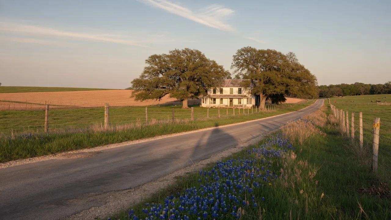 Quiet country road winding through Washington County farmland toward a white farmhouse at golden hour