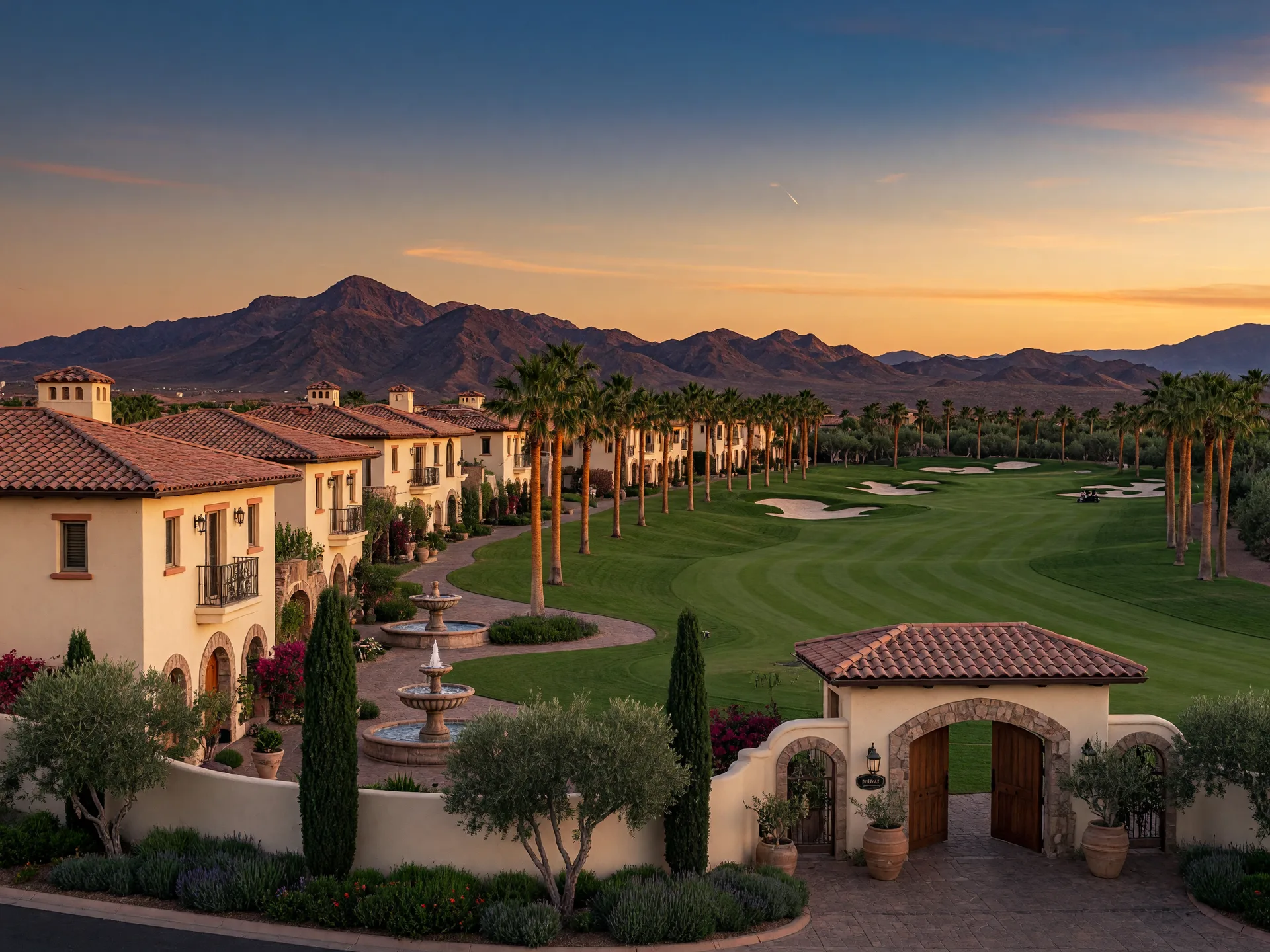 Tuscan-style villas with terracotta roofs around a golf course in Tuscany Village, Henderson Nevada