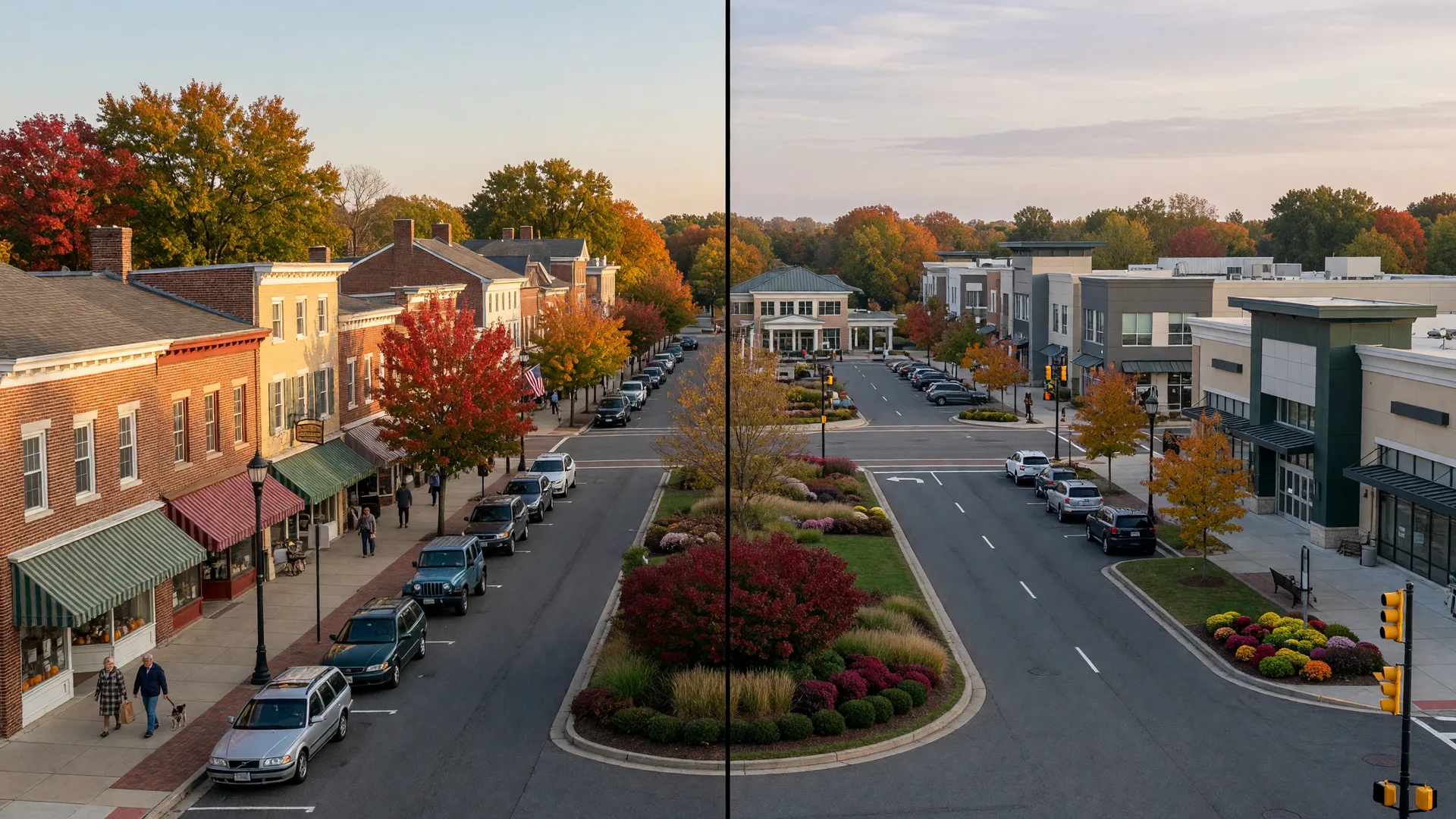 Split-screen comparison of the historic tree-lined Moorestown Main Street and the contemporary retail corridor of Mount Laurel