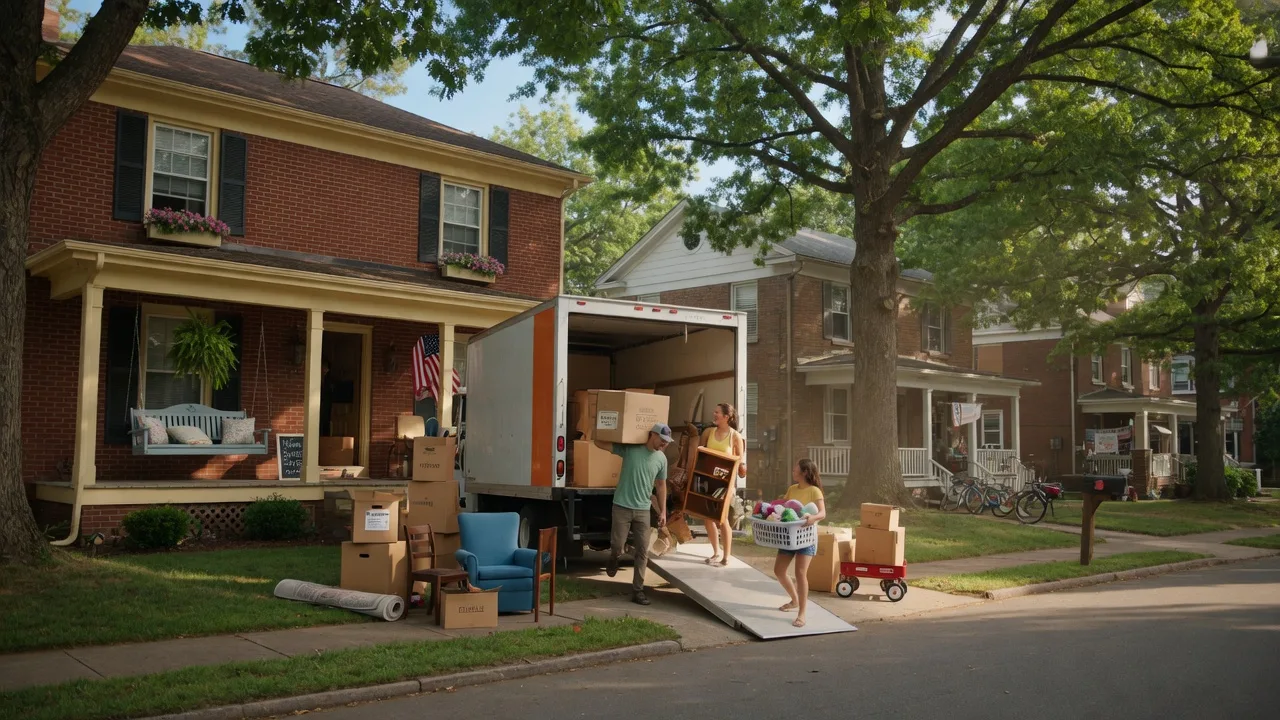 Moving truck being unloaded at a brick home in a tree-lined Knoxville neighborhood on a sunny summer afternoon