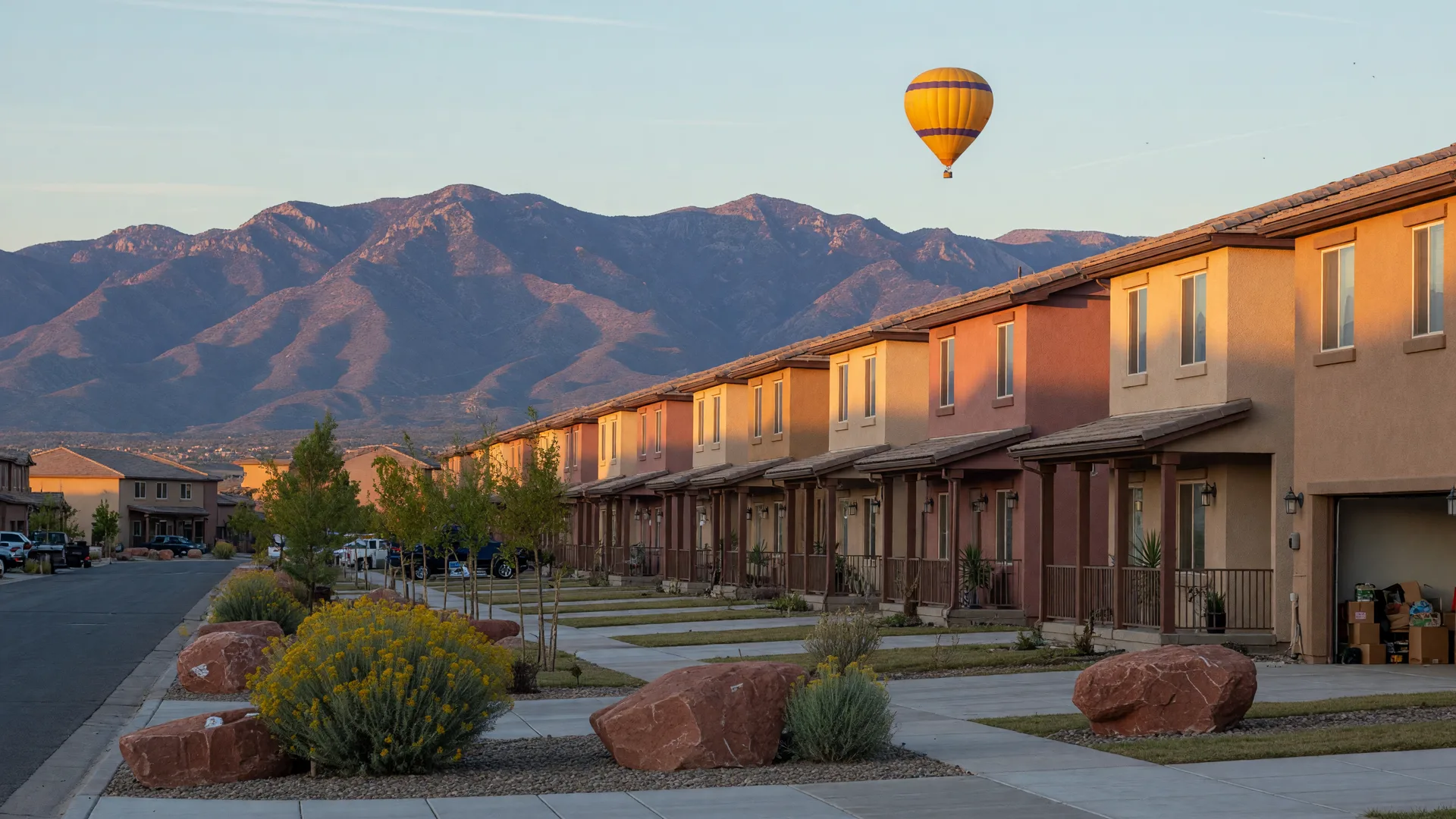 New Southwest-style townhomes near Rio Rancho with the Sandia Mountains and a hot air balloon in the distance at golden hour