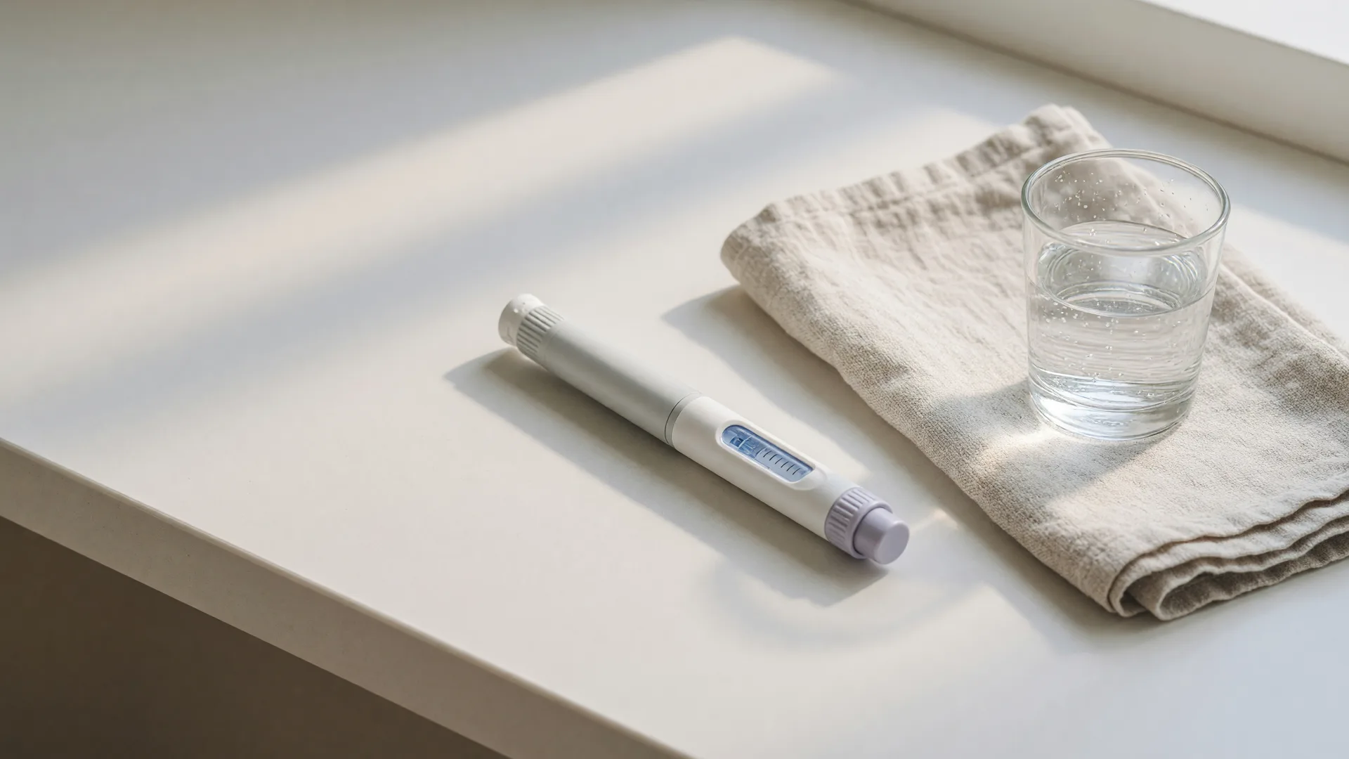 A single-dose injection pen on a white counter beside a folded linen towel and a glass of water