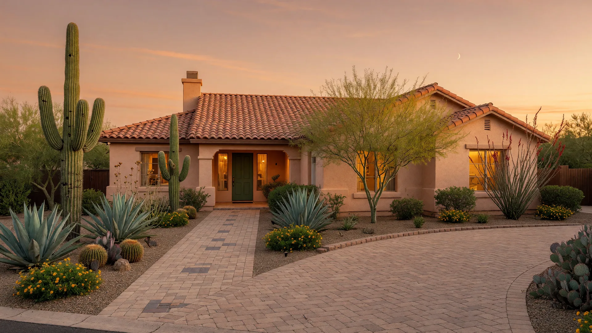 Staged southwestern-style Phoenix area home with desert landscaping at golden hour