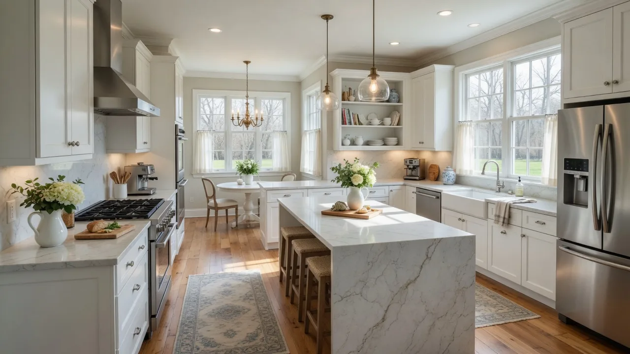 Renovated South Jersey kitchen with white shaker cabinets, quartz countertops, and stainless steel appliances in natural light