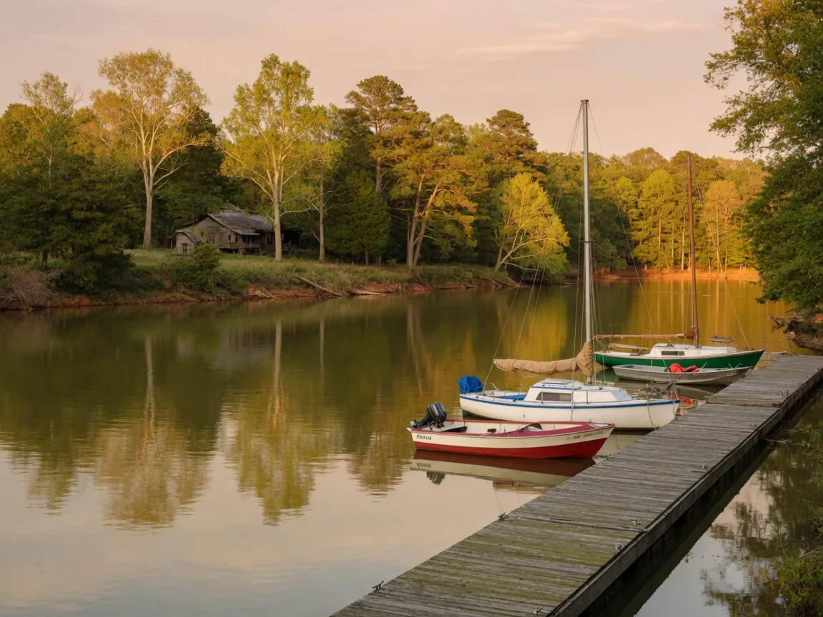 Wooden dock and boats on Aquia Creek in Stafford County, Virginia with golden afternoon light