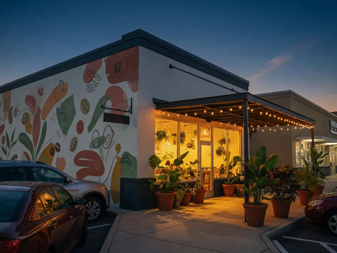 The warm storefront of a small Colombian restaurant with string lights at dusk on the Hamilton Mill corridor in Buford Georgia