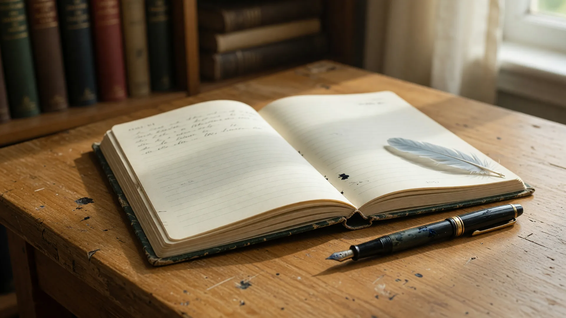 Open journal and fountain pen on a wooden desk, soft natural light
