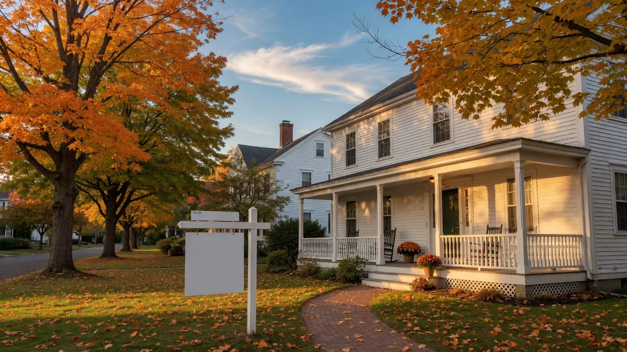 A classic white clapboard New England colonial home in a New Haven neighborhood at golden hour in early autumn, with a small real estate sign near the walk and maple trees showing the first fall color