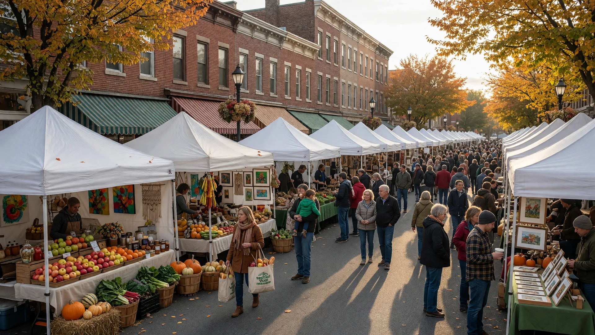 Outdoor farmers market and art festival in downtown West Chester with white vendor tents, produce and pumpkins on an October morning