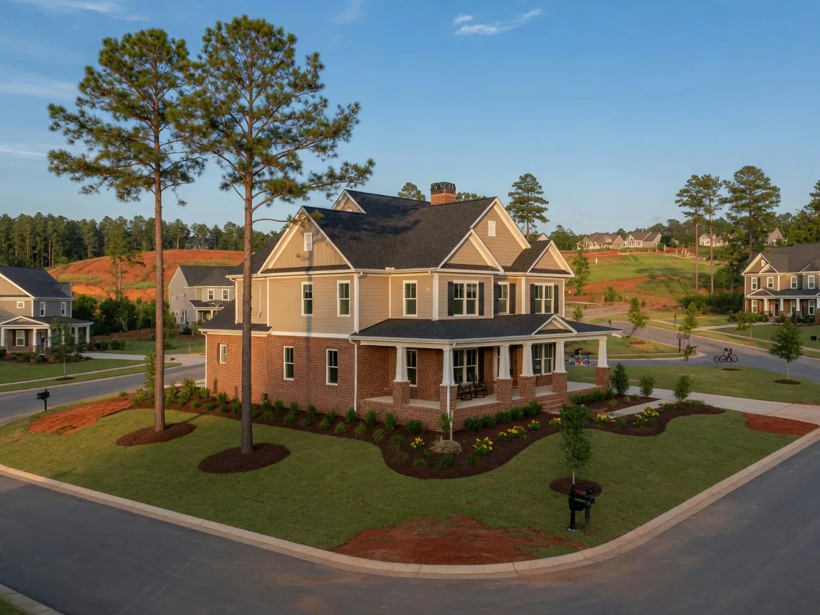 New construction homes in Fuquay-Varina, North Carolina with traditional craftsman architecture in a rural-suburban setting