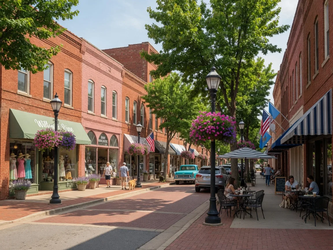 Downtown Bixby, Oklahoma with brick storefronts, sidewalk dining, and small-town Main Street charm