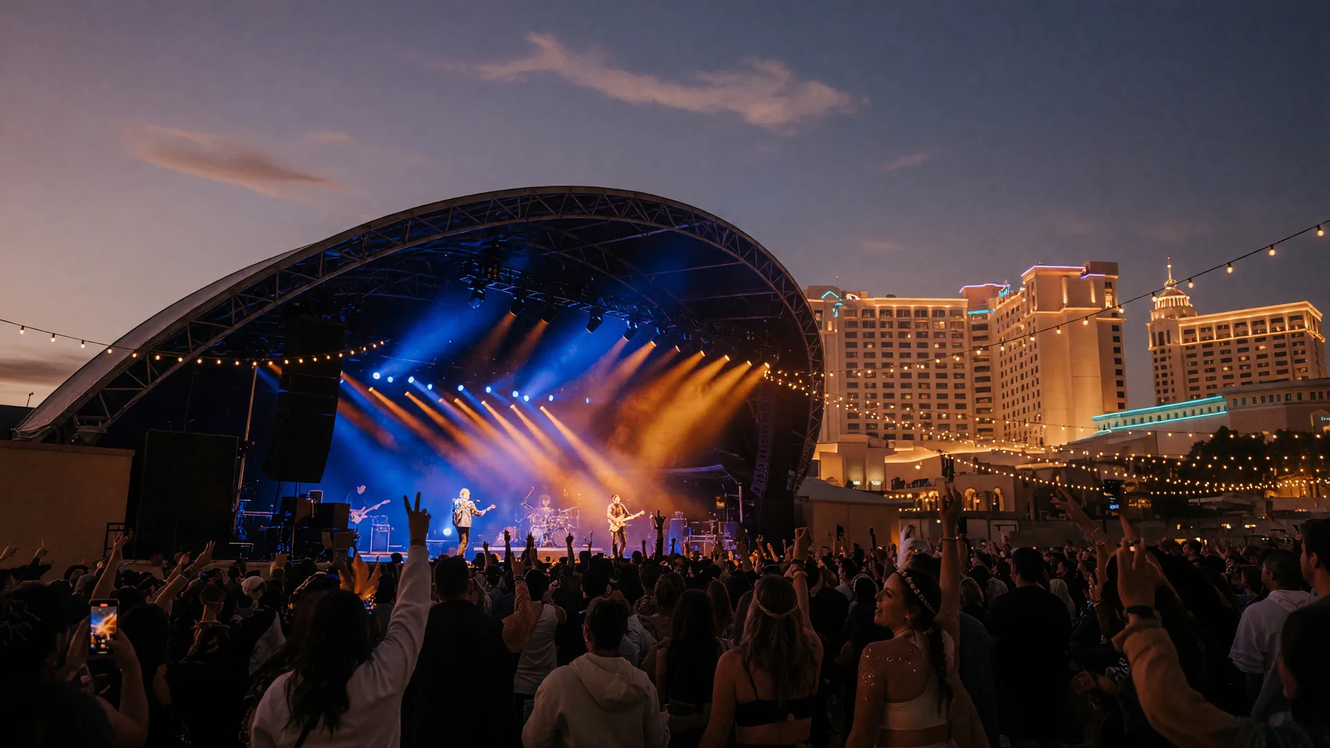 An outdoor music festival stage at a casino resort on a warm October evening, a large amphitheater stage glowing with blue and amber production lights, silhouetted festival-goers with hands raised, string lights and resort towers in the background