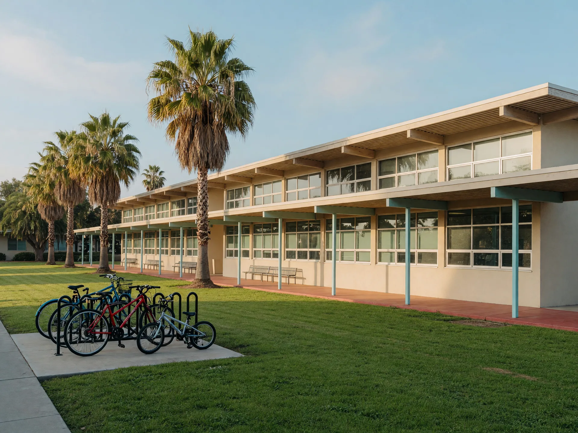 A sunny Southern California public school campus with palm trees and a broad green lawn, the feel of Pasadena's neighborhood schools