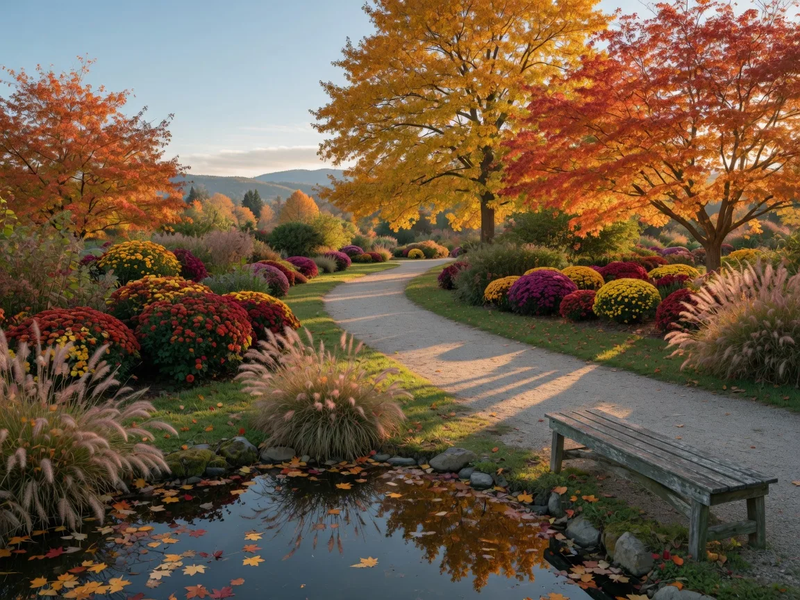 Illustrative image of a botanical garden path in autumn with ornamental grasses and gold foliage