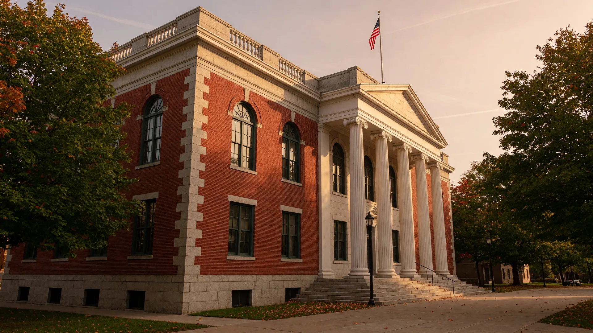 A stately brick and stone Connecticut courthouse at golden hour in early September, with arched windows, a columned portico, and early autumn maples