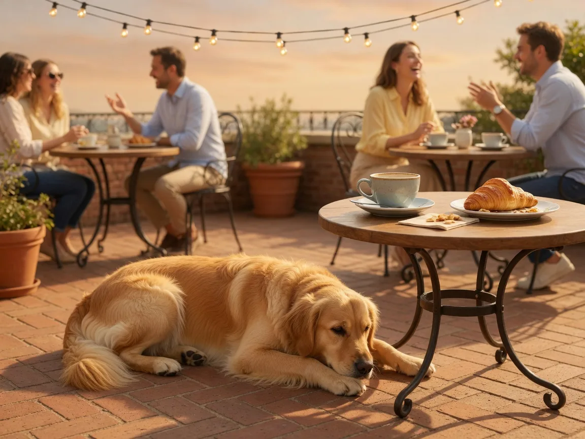 A relaxed dog resting beside an outdoor patio table at a dog-friendly spot on a bright sunny day