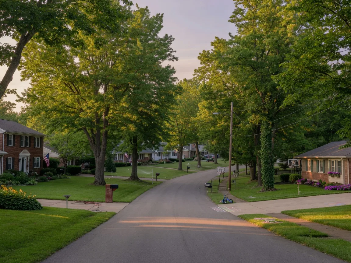 A peaceful tree-lined neighborhood street in Blue Springs, Missouri with well-maintained homes and a welcoming community atmosphere