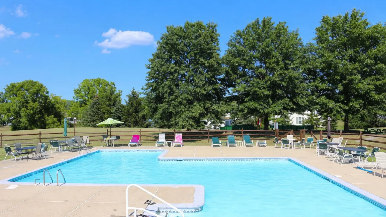 Community swimming pool with lounge chairs, dining tables, and a patio umbrella on a sunny afternoon in a Montgomery County neighborhood