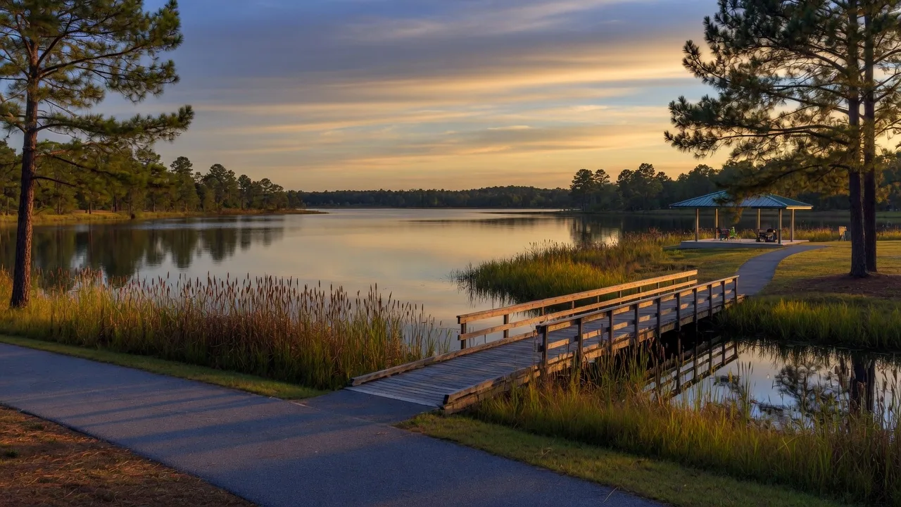 Community lake in Newnan Georgia at golden hour with a walking trail along the shore