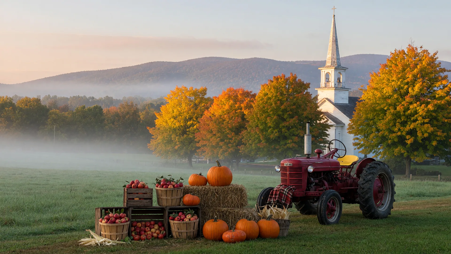 A small-town fall festival in rural Lehigh County on a crisp October morning, with apple crates, hay bales, a vintage tractor, and the Blue Mountain ridge showing early fall color