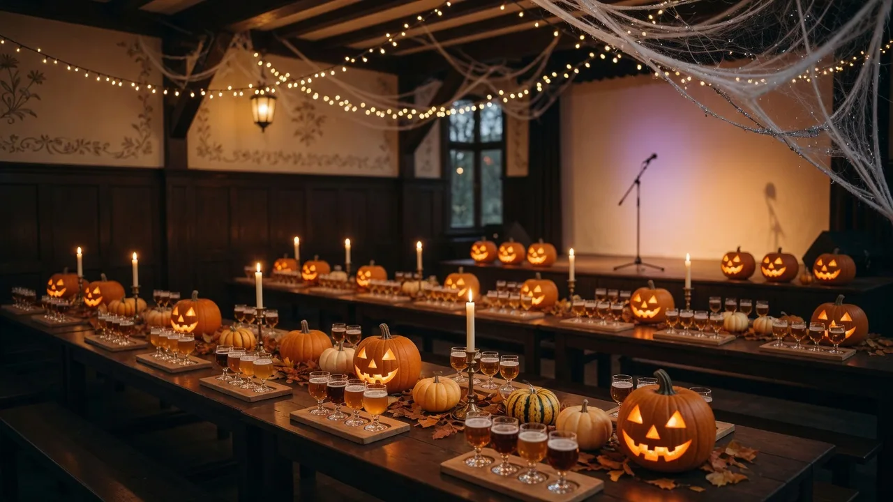 Flights of amber craft beer on a decorated table with jack-o-lanterns and string lights in a banquet hall