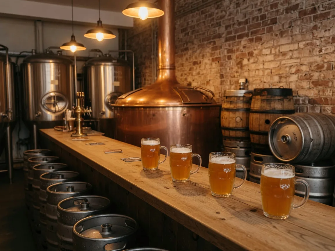 Warm craft brewery taproom with copper kettles and pints of amber ale along a wooden bar