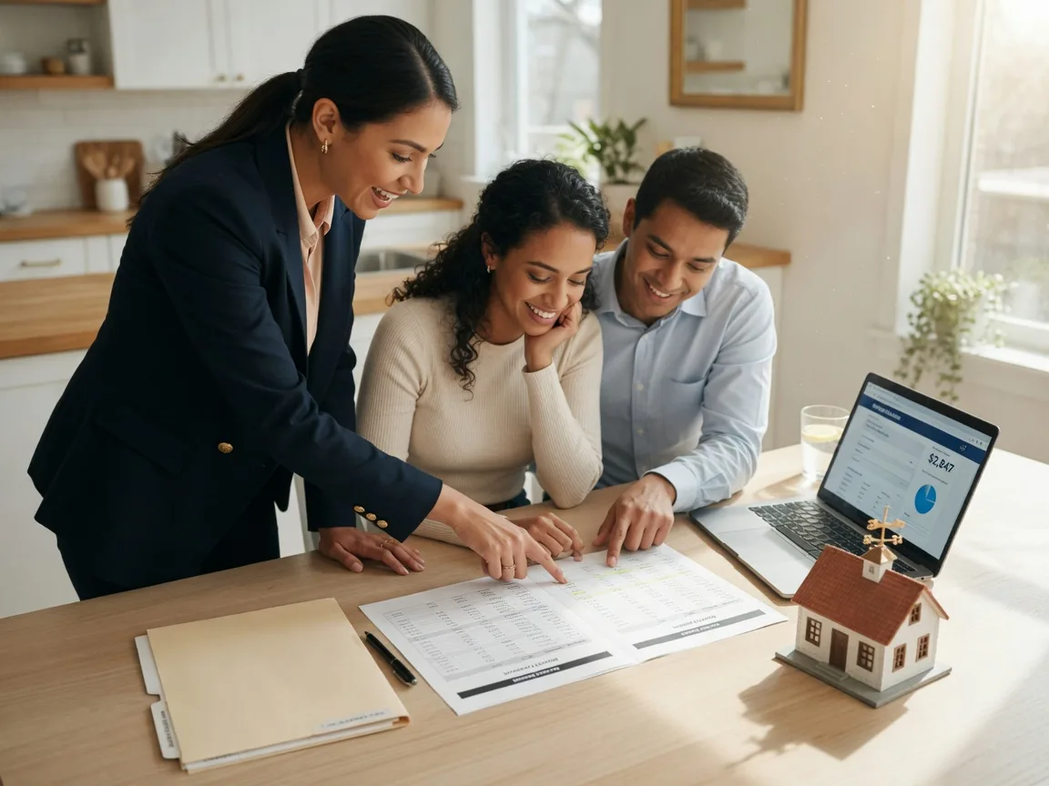 Laura Holbert reviewing a mortgage payment worksheet with a young couple at a kitchen table