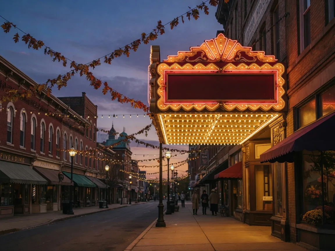 A landmark 1920s theater marquee glowing at dusk on a historic main street, string lights and autumn leaf garlands overhead, warm bulbs lighting the sidewalk