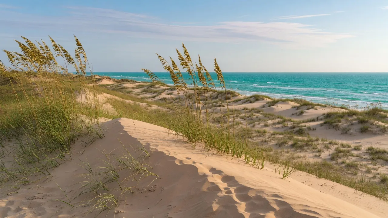 Golden sand dunes and seagrass on North Padre Island facing the Gulf