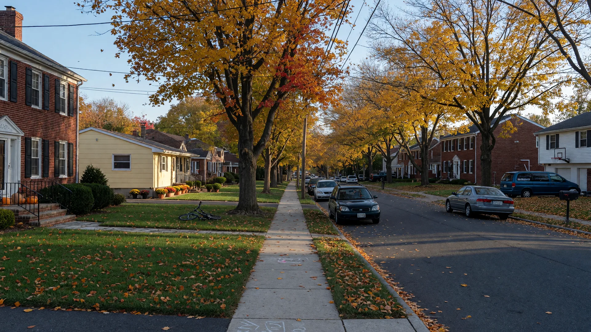A tree-lined residential street in Rockville, Maryland in autumn, with colonial and mid-century homes, gold and amber maples, and warm low sunlight