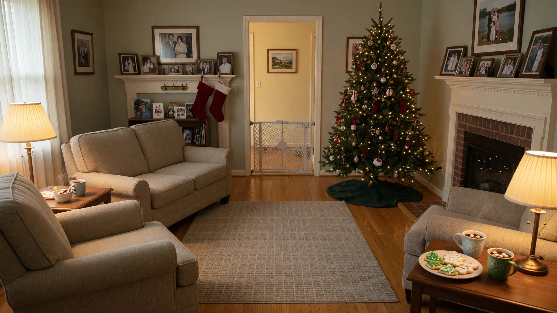 A warm photograph of a cozy senior-friendly living room in a Northwest Indiana ranch home ready for a holiday family gathering, with a clear wide walkway, a non-slip rug, a bright evergreen tree with soft lights, a child-safe gate at the hallway, and framed family photos on the mantel