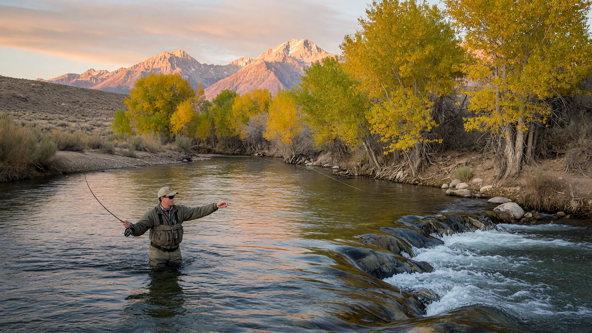 A fly fisherman standing midstream on a clear river near Carson City at golden hour, with autumn cottonwoods and the Sierra Nevada beyond.