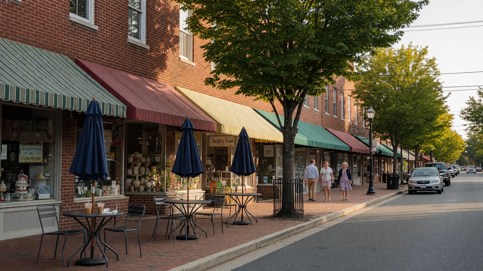 A small-town Falls Church main street with brick storefronts, awnings, cafe umbrellas, and mature trees in warm afternoon light
