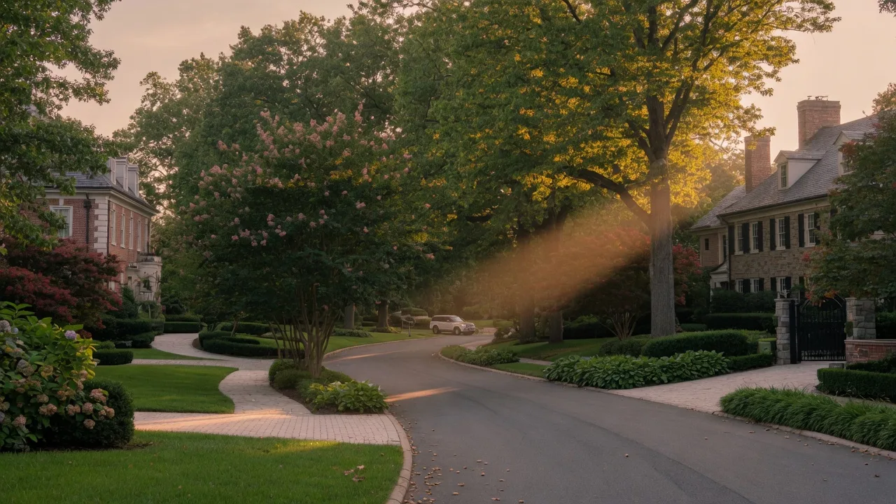 Potomac Maryland estate homes on tree-lined lanes near the Potomac River