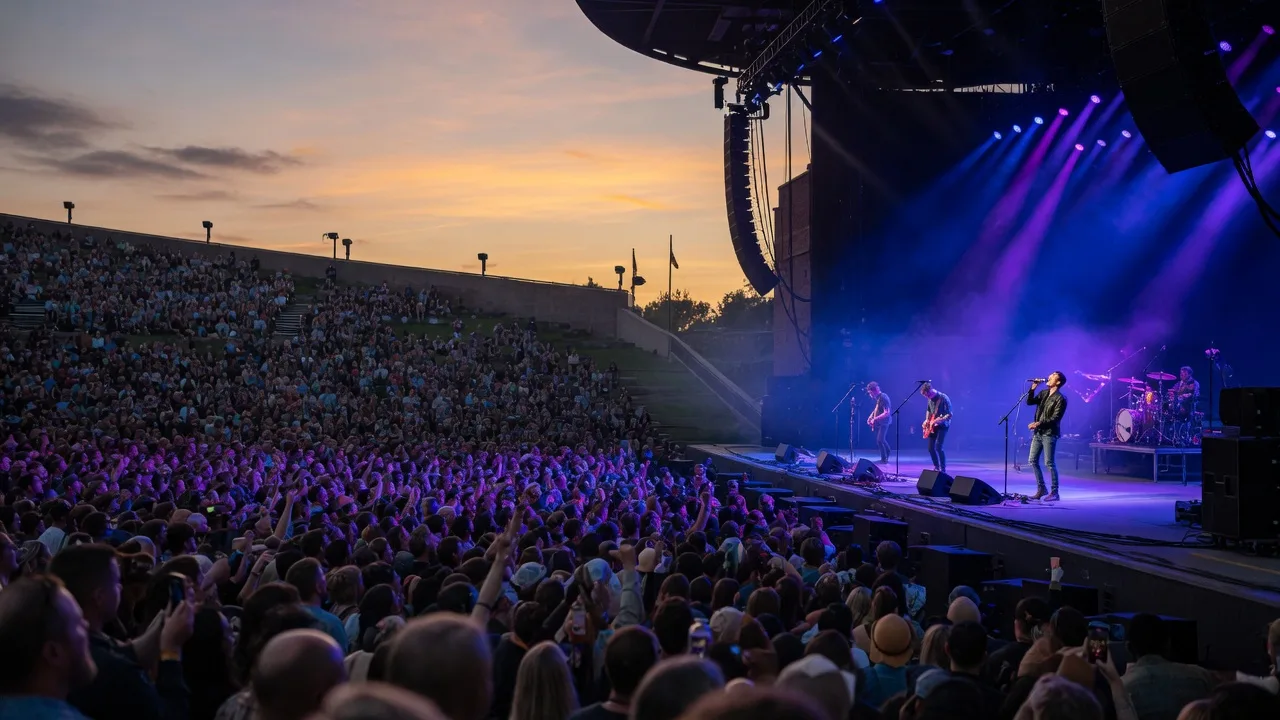 Outdoor amphitheater at twilight with a crowd at a rock concert under blue and purple stage lighting against a golden hour sky