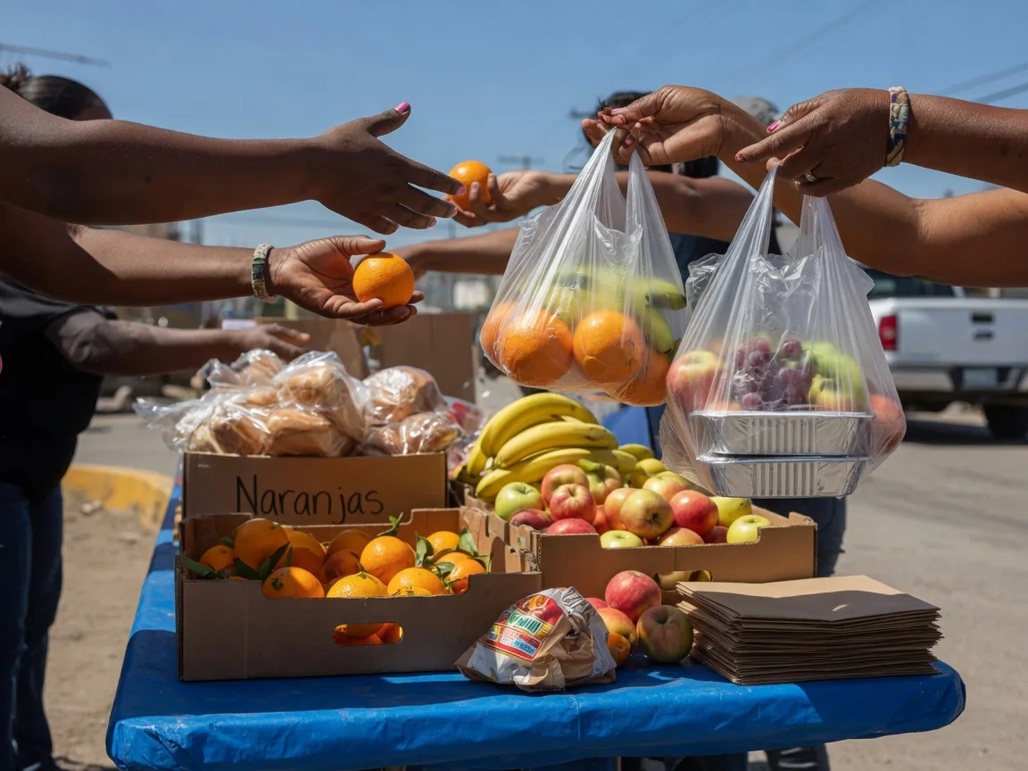 Volunteers passing bags of fresh produce and warm meals at an outdoor food distribution in Ensenada