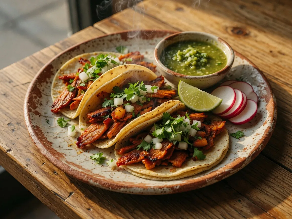 Authentic al pastor street tacos on double corn tortillas with onion, cilantro, lime wedges, and a clay bowl of salsa verde at La Casa del Taco in Flowery Branch Georgia
