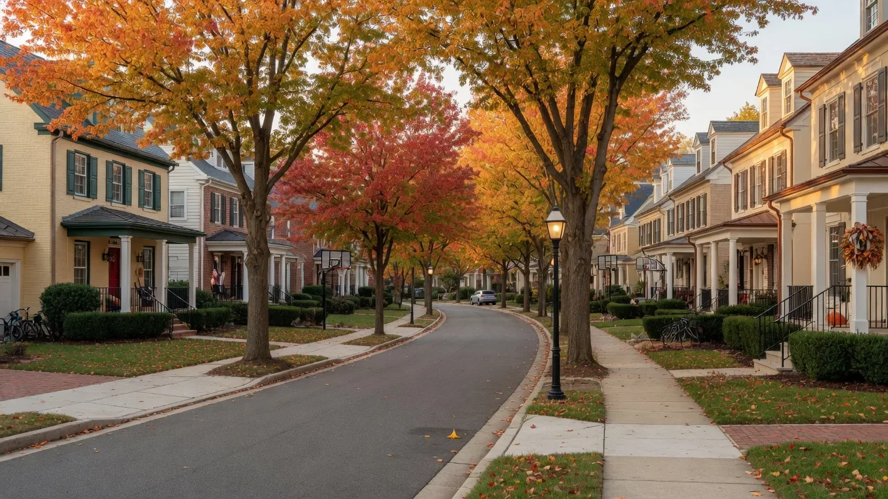 Tree-lined street in Regency Estates, Potomac Maryland