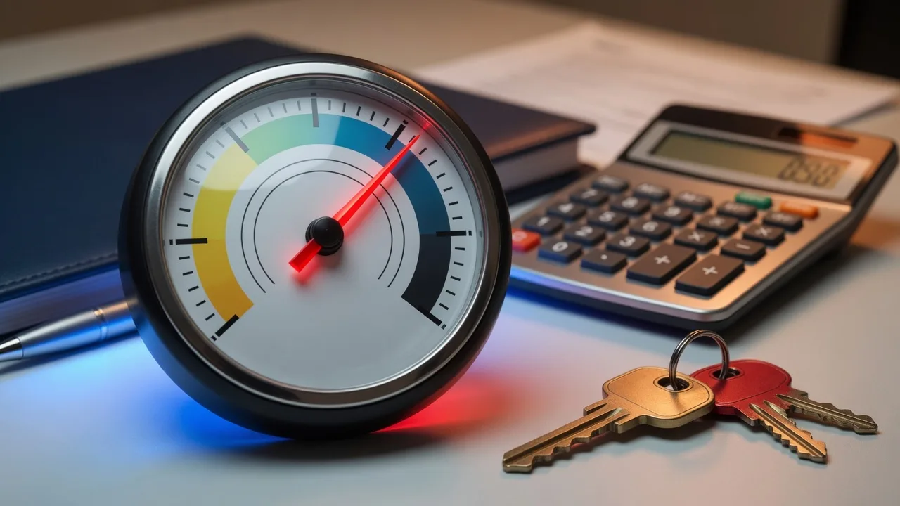 Credit score gauge showing improvement with calculator and house key on a desk
