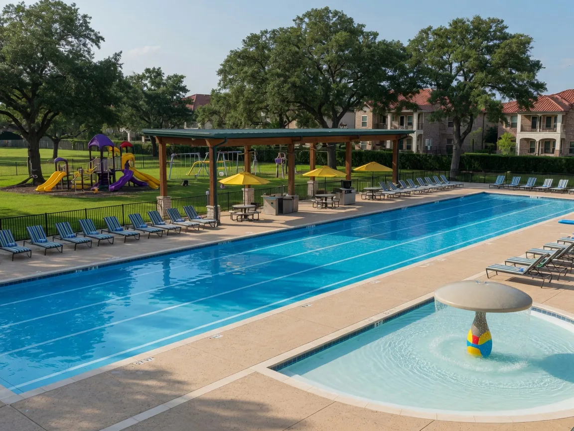 Junior Olympic-size community pool with a toddler splash area at a Cedar Park master-planned community amenity center