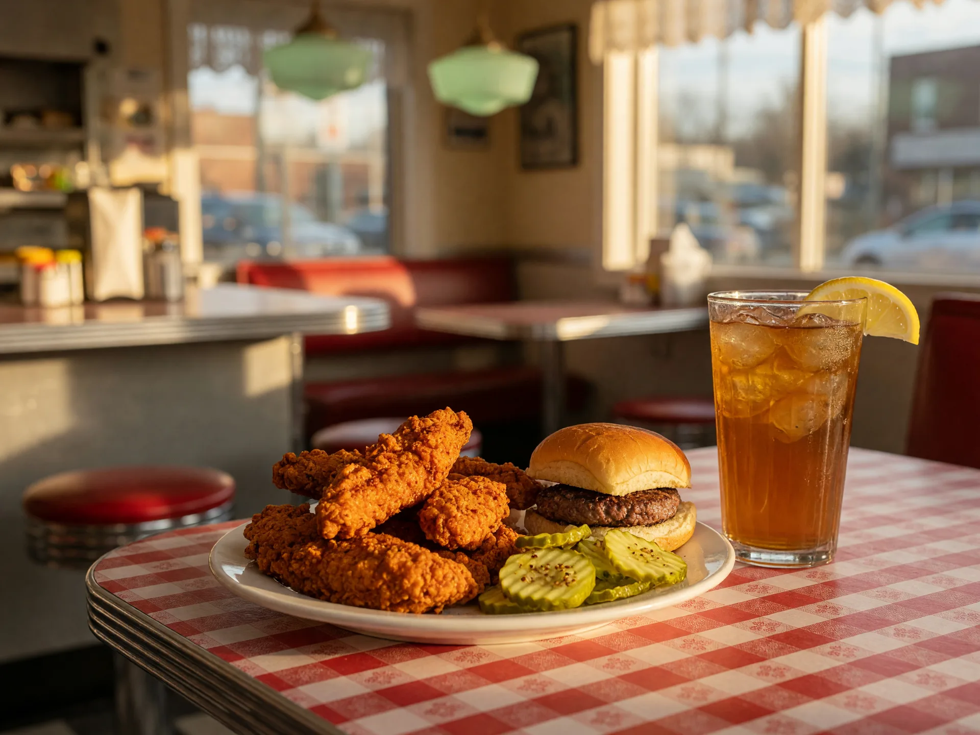 Nashville-style hot chicken tenders with pickles and a slider at a cozy diner counter in early fall light