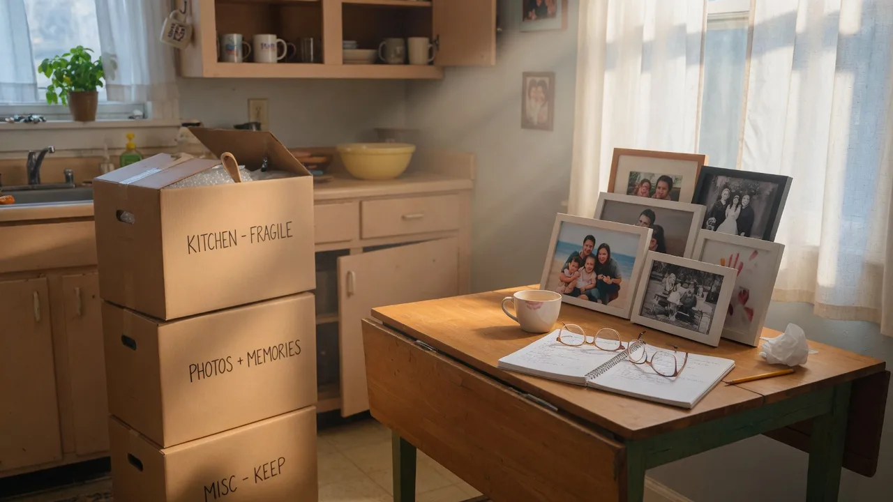A bright family kitchen mid-downsizing with labeled moving boxes and framed family photos on a wooden table in warm morning light